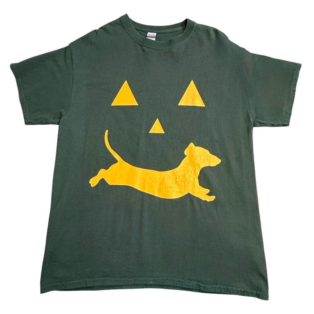 Gildan Mens Forest Green Dachshund Pumpkin Halloween Graphic T-Shirt Large - Picture 2 of 8